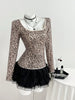 Benuynffy Leopard Print Scoop Neck Sequins T Shirt Women Spring Summer Fashion Long Sleeve Sexy Backless Lace Party Tops Tee