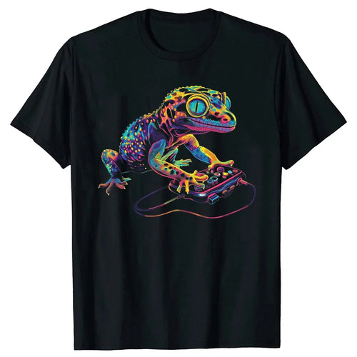 Funny Leopard gecko lizard game controller Graphic T Shirts Men Cotton Streetwear Tee Shirt Short Sleeve Unisex Loose Clothing