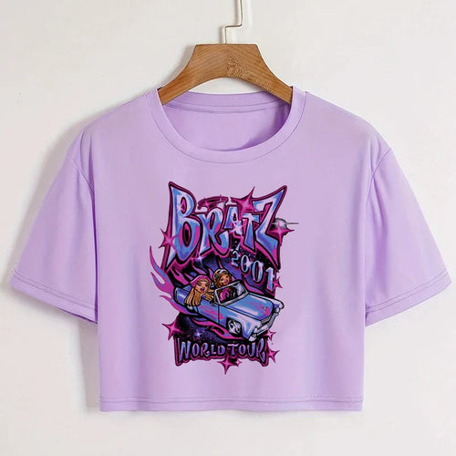Kawaii Rat Ratz Mouse Cropped Print Crew Neck T-shirt Y2K Short Sleeve Tight Fit Crop Top Spring Summer Women's Clothing