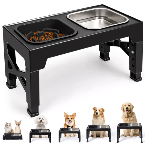Elevated Slow Feeder Dog Bowls - 5 Heights Adjustable Stand