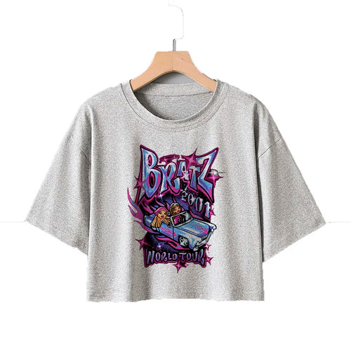 Kawaii Rat Ratz Mouse Cropped Print Crew Neck T-shirt Y2K Short Sleeve Tight Fit Crop Top Spring Summer Women's Clothing