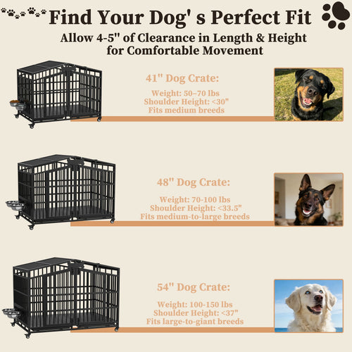 EasyCom Heavy Duty Metal Dog Crate with Bowls and Wheels