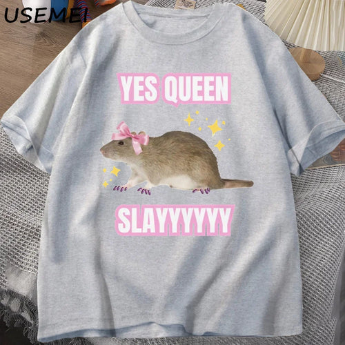 Yas Queen Slay T Shirt Humor Funny Cotton Short Sleeve Rat T-Shirt Men's Clothing Harajuku Retro Oversized Cotton T Shirt