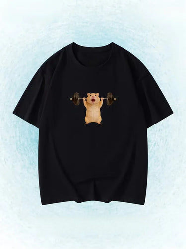 Funny Snowboarding Hamster Animal Print T-Shirt Cute Meme Loose Short Sleeve Unisex Casual Summer Top for Women Daily Y2k Tops