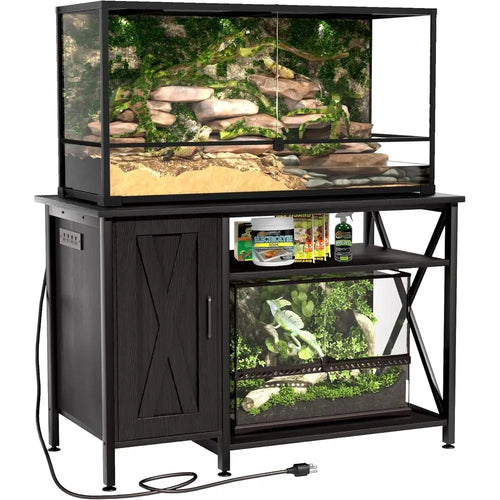 40-120 Gallon Black Reptile Tank Stand with Storage and Power Outlet, 48x24 Tabletop