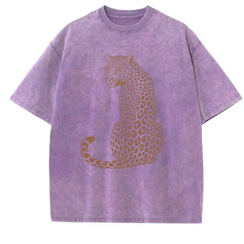 Leopard Tiger T-Shirt Vintage Washed Unisex Boho Animal T Shirt Men Women Nature Lover Tee Casual Round Neck Tops