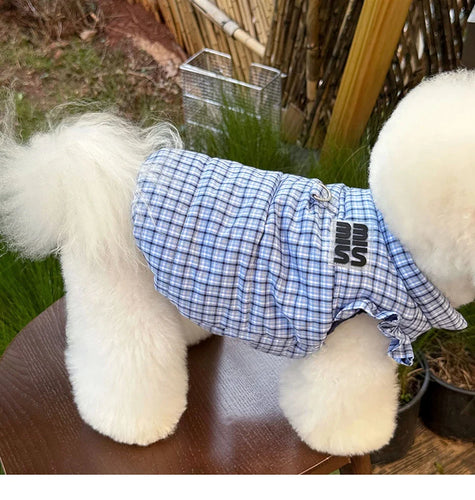 Blue Checkered Dog Clothes Teddy Winter Thickened Cotton Coat Yorkshire Warm-Weather Outerwear with Traction Buckle