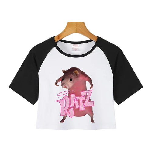 Kawaii Rat Ratz Mouse Cropped Print Crew Neck T-shirt Y2K Short Sleeve Tight Fit Crop Top Spring Summer Women's Clothing