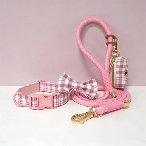 Luxury Bow Dog Collar Set | Cotton & Polyester | XS–XL | With Leash & Poop Bag