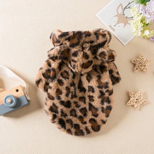 Fashion Leopard Print Dog Clothes Warm Fleece Thickened Dog Coat Jacket Teddy Pet Padded Coat Cat