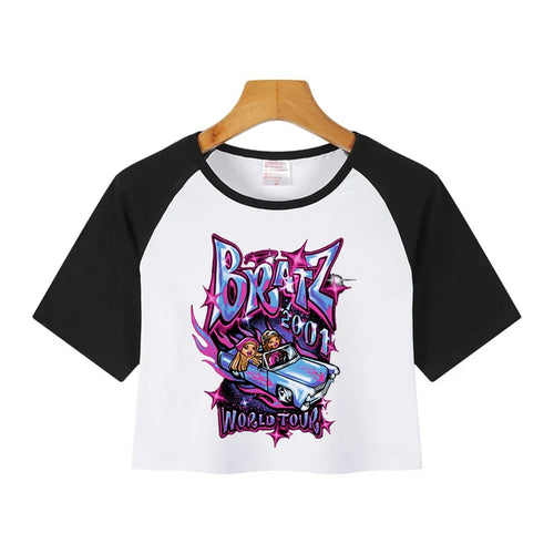 Kawaii Rat Ratz Mouse Cropped Print Crew Neck T-shirt Y2K Short Sleeve Tight Fit Crop Top Spring Summer Women's Clothing