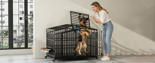 EasyCom Heavy Duty Metal Dog Crate with Bowls and Wheels