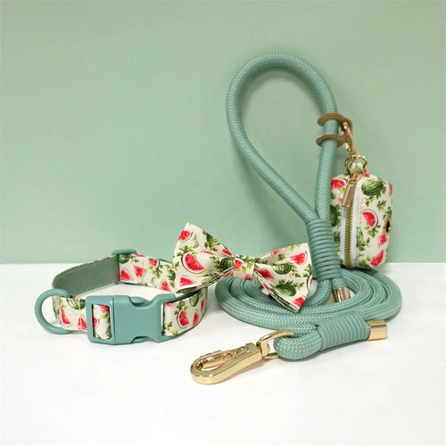 Luxury Bow Dog Collar Set | Cotton & Polyester | XS–XL | With Leash & Poop Bag