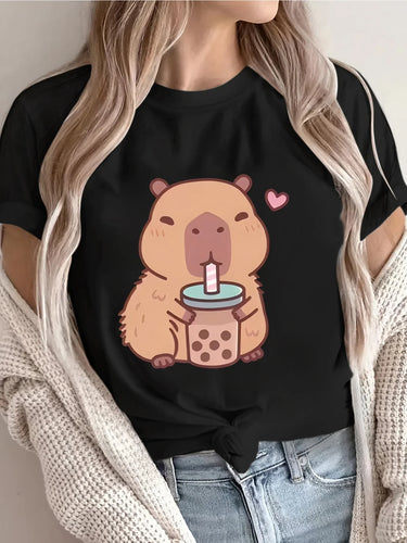Women's Cute Capybara Boba Tee - Casual Short Sleeve Round Neck Polyester Knit Machine Washable Capybara T Shirt