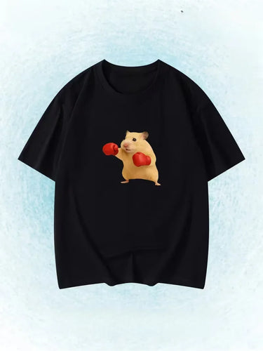 Funny Snowboarding Hamster Animal Print T-Shirt Cute Meme Loose Short Sleeve Unisex Casual Summer Top for Women Daily Y2k Tops