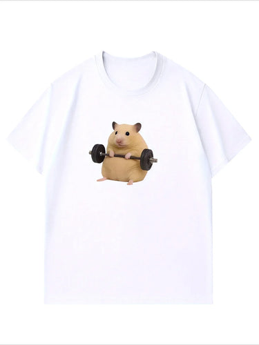 Women's Light Green Hamster Lifting Weights Graphic Harajuku Short Sleeve Casual Meme T-shirt Clothing Street Aesthetic Clothes