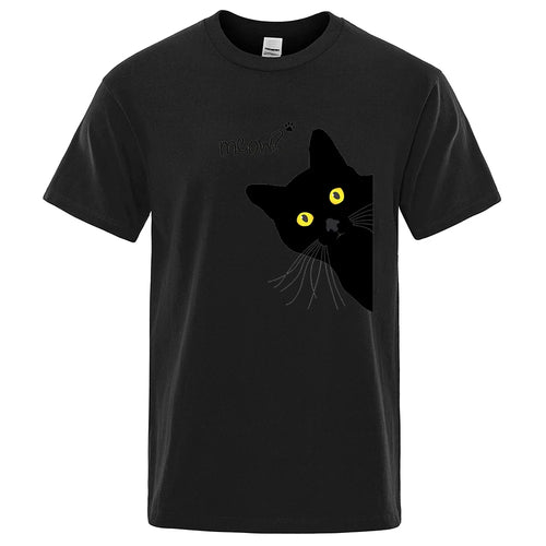 Meow Black Cat Funny Printing Men T-Shirts Breathable Tee Clothes Summer Streetwear Tops Oversized Loose Cotton Short Sleeve