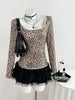 Benuynffy Leopard Print Scoop Neck Sequins T Shirt Women Spring Summer Fashion Long Sleeve Sexy Backless Lace Party Tops Tee