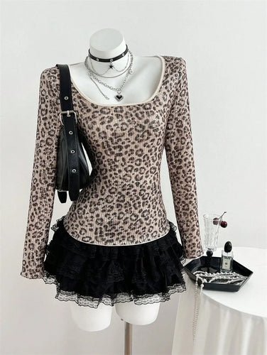 Benuynffy Leopard Print Scoop Neck Sequins T Shirt Women Spring Summer Fashion Long Sleeve Sexy Backless Lace Party Tops Tee