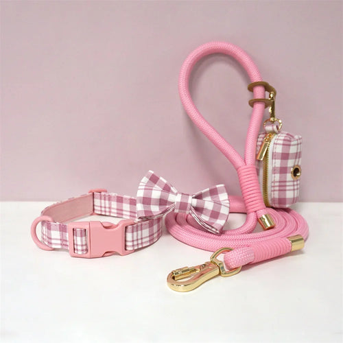 Luxury Bow Dog Collar Set | Cotton & Polyester | XS–XL | With Leash & Poop Bag