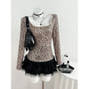 Benuynffy Leopard Print Scoop Neck Sequins T Shirt Women Spring Summer Fashion Long Sleeve Sexy Backless Lace Party Tops Tee
