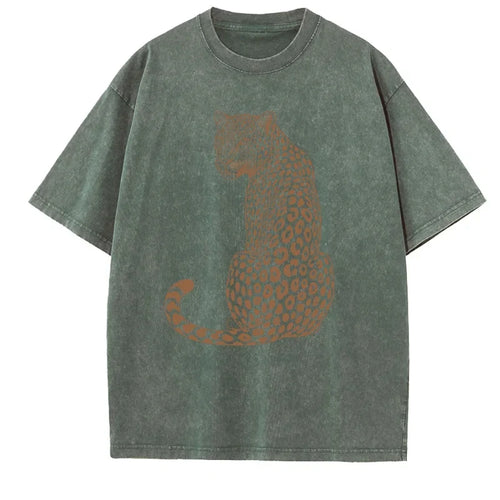 Leopard Tiger T-Shirt Vintage Washed Unisex Boho Animal T Shirt Men Women Nature Lover Tee Casual Round Neck Tops
