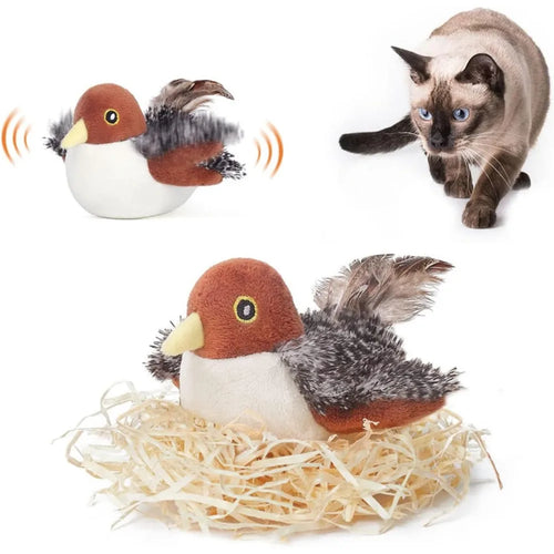 Rechargeable Flapping Bird Sparrow Cat Toy USB Vivid Chirping Interactive Flying Bird Cat Toys Touch-Activated Hangable