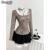 Benuynffy Leopard Print Scoop Neck Sequins T Shirt Women Spring Summer Fashion Long Sleeve Sexy Backless Lace Party Tops Tee