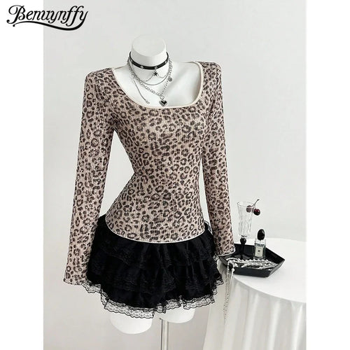 Benuynffy Leopard Print Scoop Neck Sequins T Shirt Women Spring Summer Fashion Long Sleeve Sexy Backless Lace Party Tops Tee