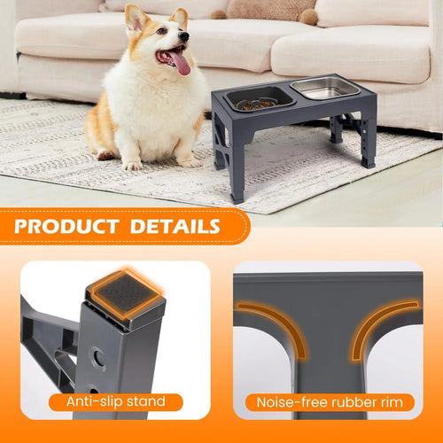 Elevated Slow Feeder Dog Bowls - 5 Heights Adjustable Stand