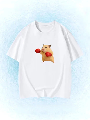Funny Snowboarding Hamster Animal Print T-Shirt Cute Meme Loose Short Sleeve Unisex Casual Summer Top for Women Daily Y2k Tops