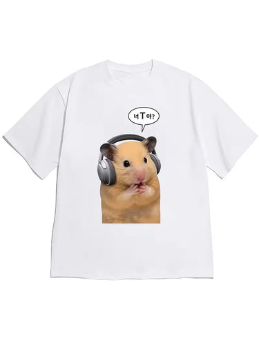 Funny Hamster Meme Graphic T-Shirt Cute K-pop Hamster Headphones Novelty Tee Casual Loose Fit Short Sleeve Top for Men Women