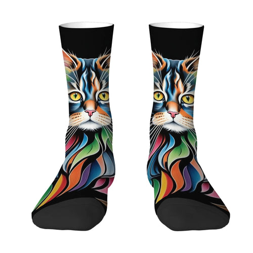 Rainbow Maine Coon Cat Themed Men's Mid-Calf Socks Non-Slip Skin-Friendly Soft Funny Stylish Streetwear Outdoor Skateboard Socks