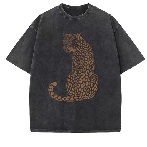 Leopard Tiger T-Shirt Vintage Washed Unisex Boho Animal T Shirt Men Women Nature Lover Tee Casual Round Neck Tops
