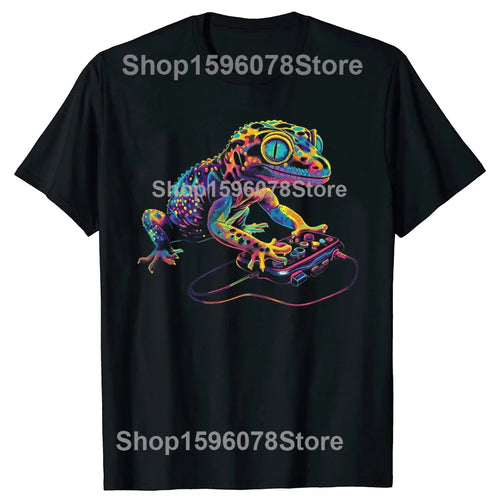 Funny Leopard gecko lizard game controller Graphic T Shirts Men Cotton Streetwear Tee Shirt Short Sleeve Unisex Loose Clothing