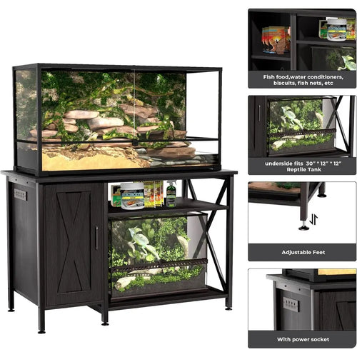 40-120 Gallon Black Reptile Tank Stand with Storage and Power Outlet, 48x24 Tabletop