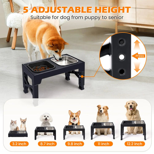 Elevated Slow Feeder Dog Bowls - 5 Heights Adjustable Stand