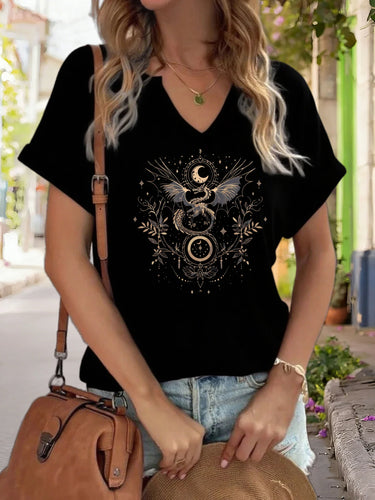 Women's V-Neck Celestial Dragon & Moon Graphic Tee, Mystical Floral Print T-Shirt, Casual Short Sleeve Boho Top