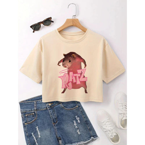 Kawaii Rat Ratz Mouse Cropped Print Crew Neck T-shirt Y2K Short Sleeve Tight Fit Crop Top Spring Summer Women's Clothing