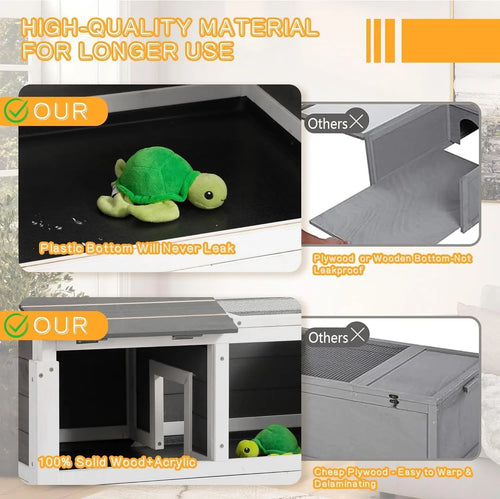 Wooden Tortoise Habitat with Shelf Storage and Adjustable Lamp Holder,Indoor Outdoor Reptile Cage Turtle Enclosure