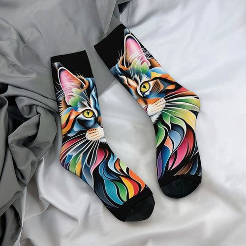 Rainbow Maine Coon Cat Themed Men's Mid-Calf Socks Non-Slip Skin-Friendly Soft Funny Stylish Streetwear Outdoor Skateboard Socks