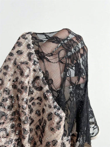 Benuynffy Leopard Print Scoop Neck Sequins T Shirt Women Spring Summer Fashion Long Sleeve Sexy Backless Lace Party Tops Tee