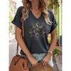 Women's V-Neck Celestial Dragon & Moon Graphic Tee, Mystical Floral Print T-Shirt, Casual Short Sleeve Boho Top