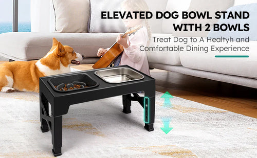 Elevated Slow Feeder Dog Bowls - 5 Heights Adjustable Stand