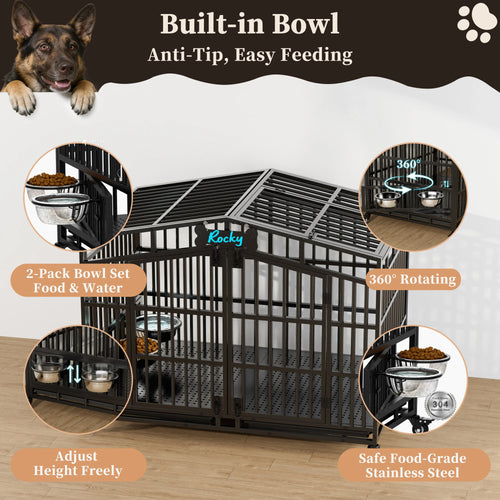 EasyCom Heavy Duty Metal Dog Crate with Bowls and Wheels