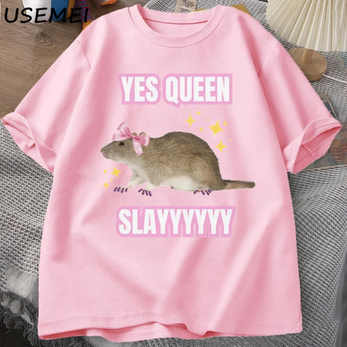 Yas Queen Slay T Shirt Humor Funny Cotton Short Sleeve Rat T-Shirt Men's Clothing Harajuku Retro Oversized Cotton T Shirt