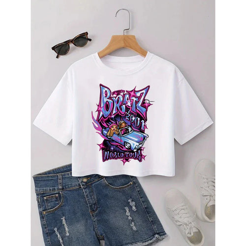 Kawaii Rat Ratz Mouse Cropped Print Crew Neck T-shirt Y2K Short Sleeve Tight Fit Crop Top Spring Summer Women's Clothing