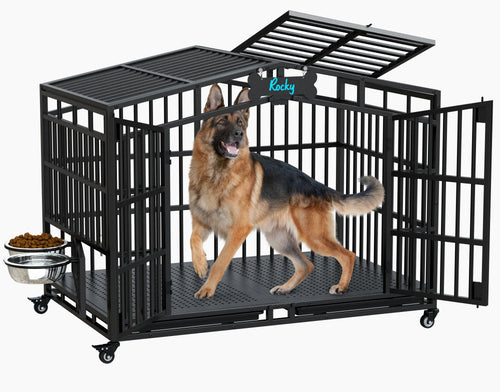 EasyCom Heavy Duty Metal Dog Crate with Bowls and Wheels