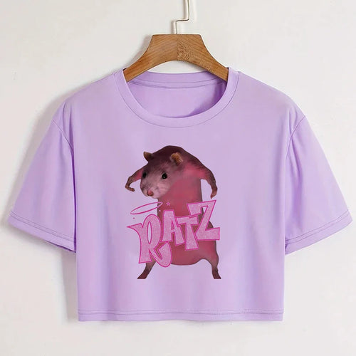 Kawaii Rat Ratz Mouse Cropped Print Crew Neck T-shirt Y2K Short Sleeve Tight Fit Crop Top Spring Summer Women's Clothing