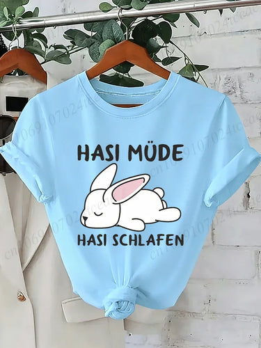 Bunny Is Tired T Shirts Lazy Bunny Graphic Tee Women Casual O Neck Short Sleeve Loose Streetwear Cute Rabbit Print T-Shirt Tops